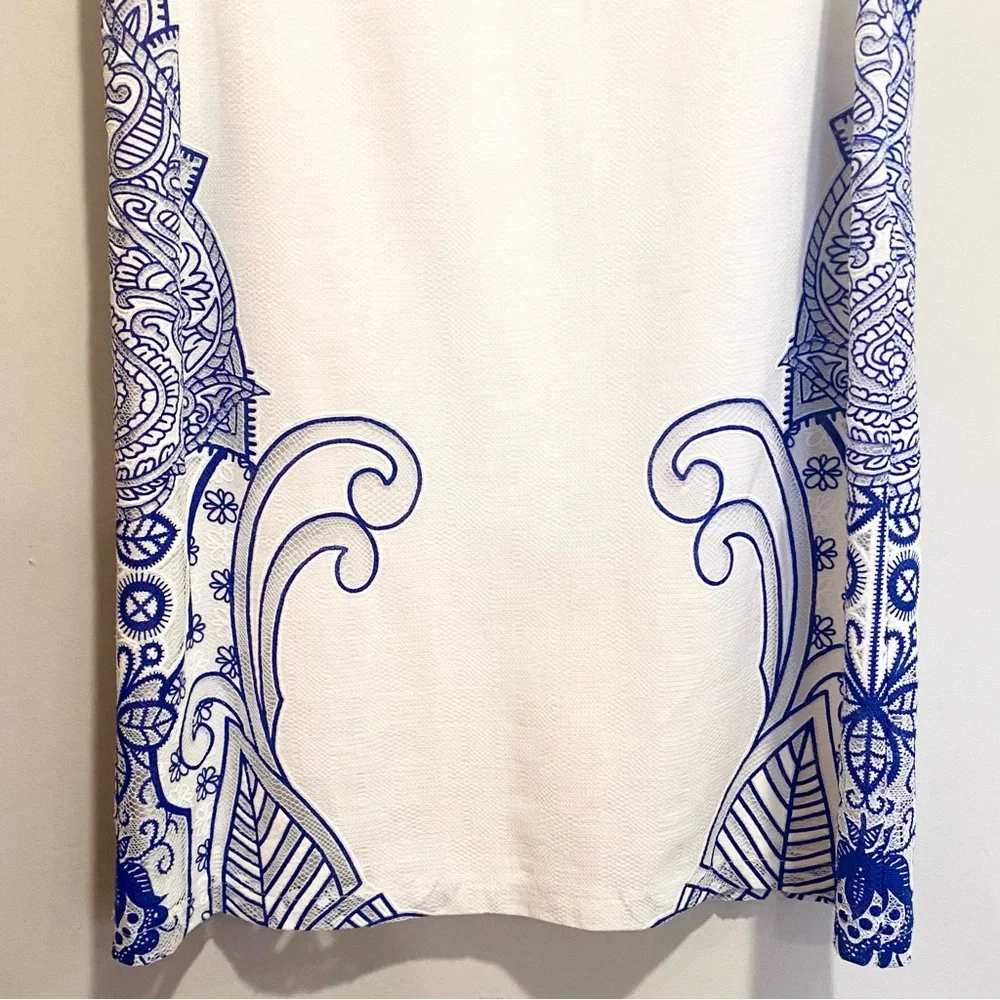 Promod French boutique white summer shift dress with blue embroidery - Picture 6 of 8